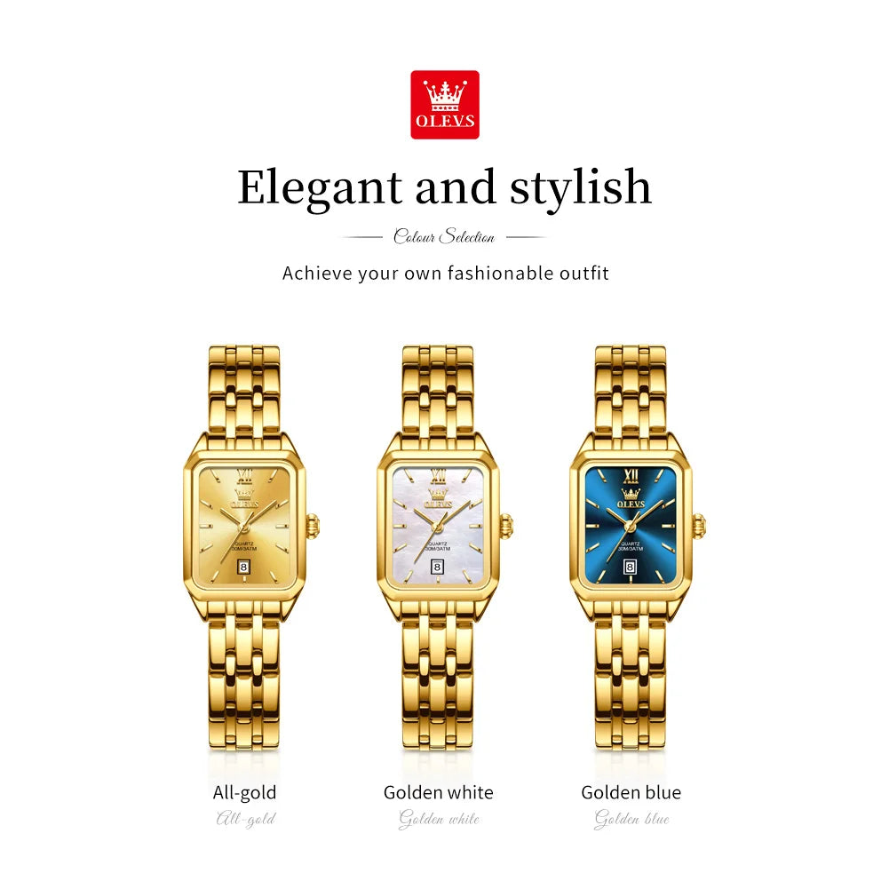 OLEVS Golden Square – Elegant Auto-Date Women’s Watch