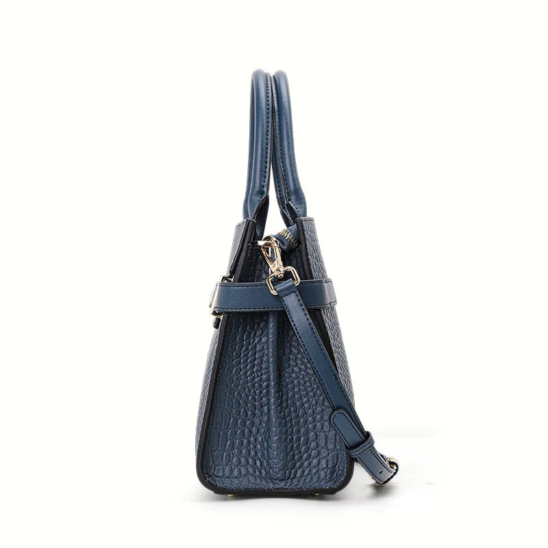 Genuine Leather Crocodile Pattern Tote Bag – Convertible Shoulder & Crossbody with Silk Scarf