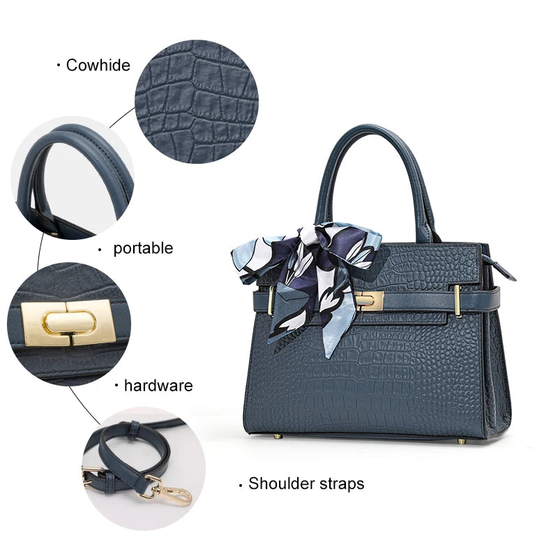Genuine Leather Crocodile Pattern Tote Bag – Convertible Shoulder & Crossbody with Silk Scarf