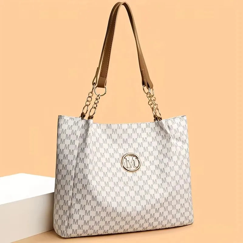 Vintage Geometric Tote Bag for Women – Letter M Design, Large Capacity