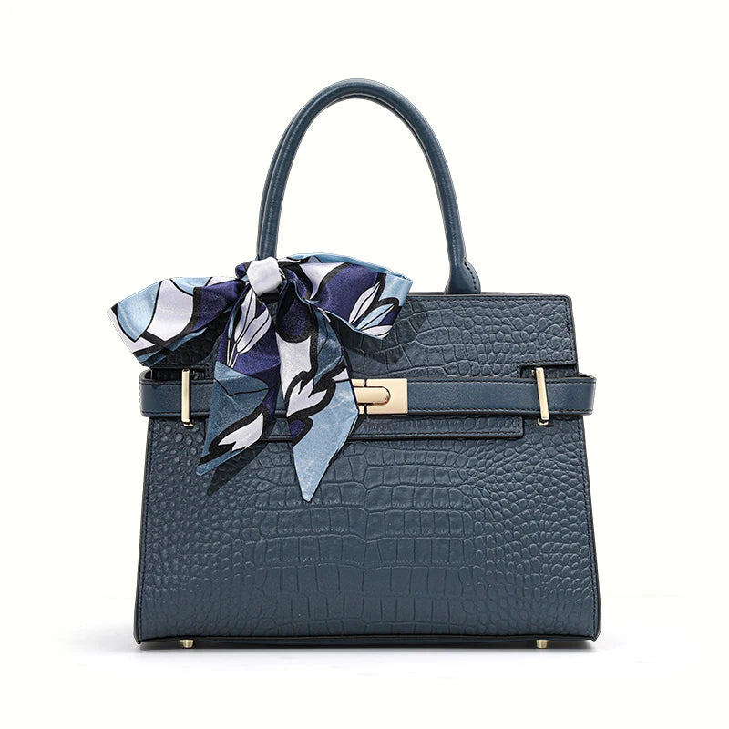 Genuine Leather Crocodile Pattern Tote Bag – Convertible Shoulder & Crossbody with Silk Scarf
