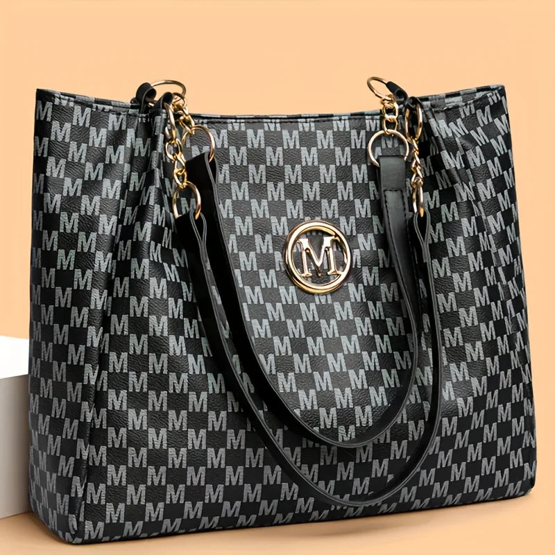 Vintage Geometric Tote Bag for Women – Letter M Design, Large Capacity
