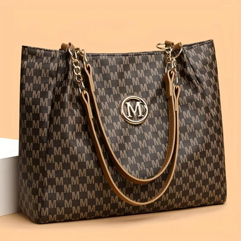 Vintage Geometric Tote Bag for Women – Letter M Design, Large Capacity