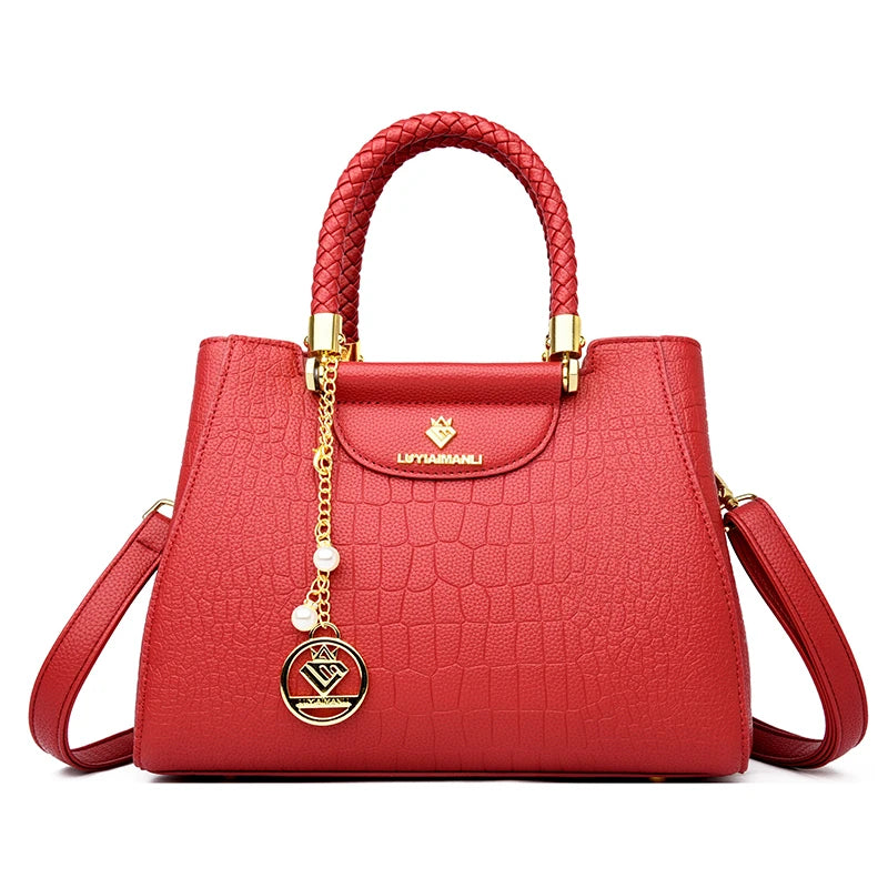 Woven Handle Leather Tote Bag for Women – Elegant Shoulder Crossbody Handbag