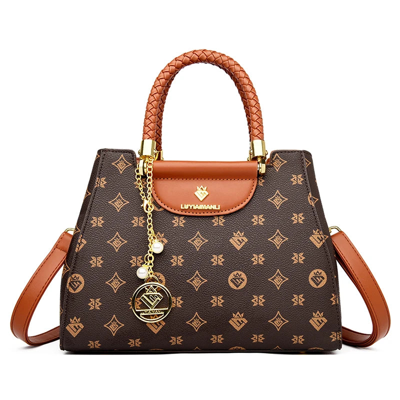 Woven Handle Leather Tote Bag for Women – Elegant Shoulder Crossbody Handbag