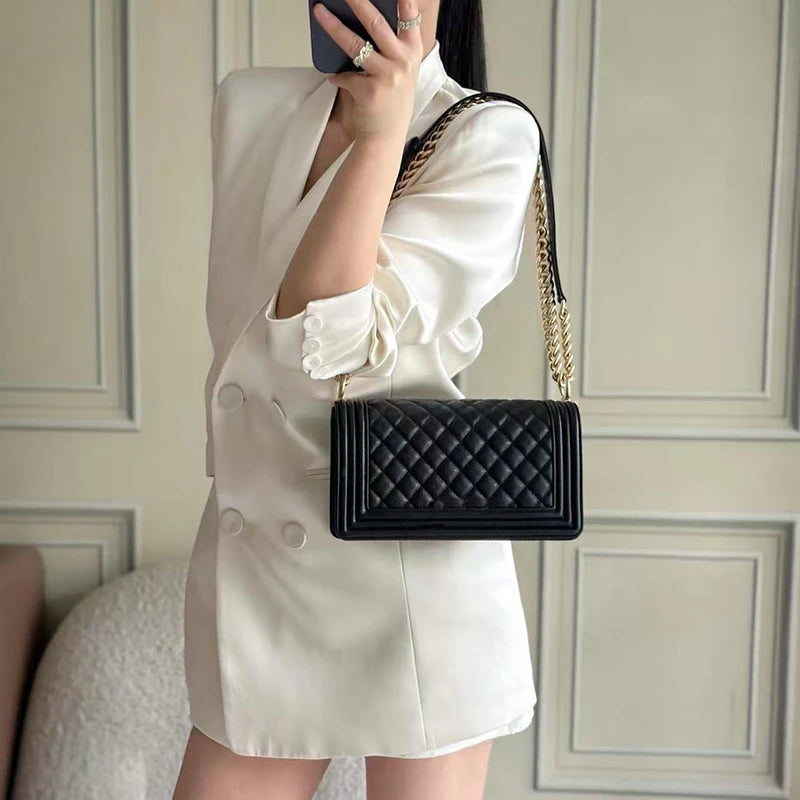 Classic Caviar Leather Women's Shoulder Bag – Genuine Crossbody Handbag