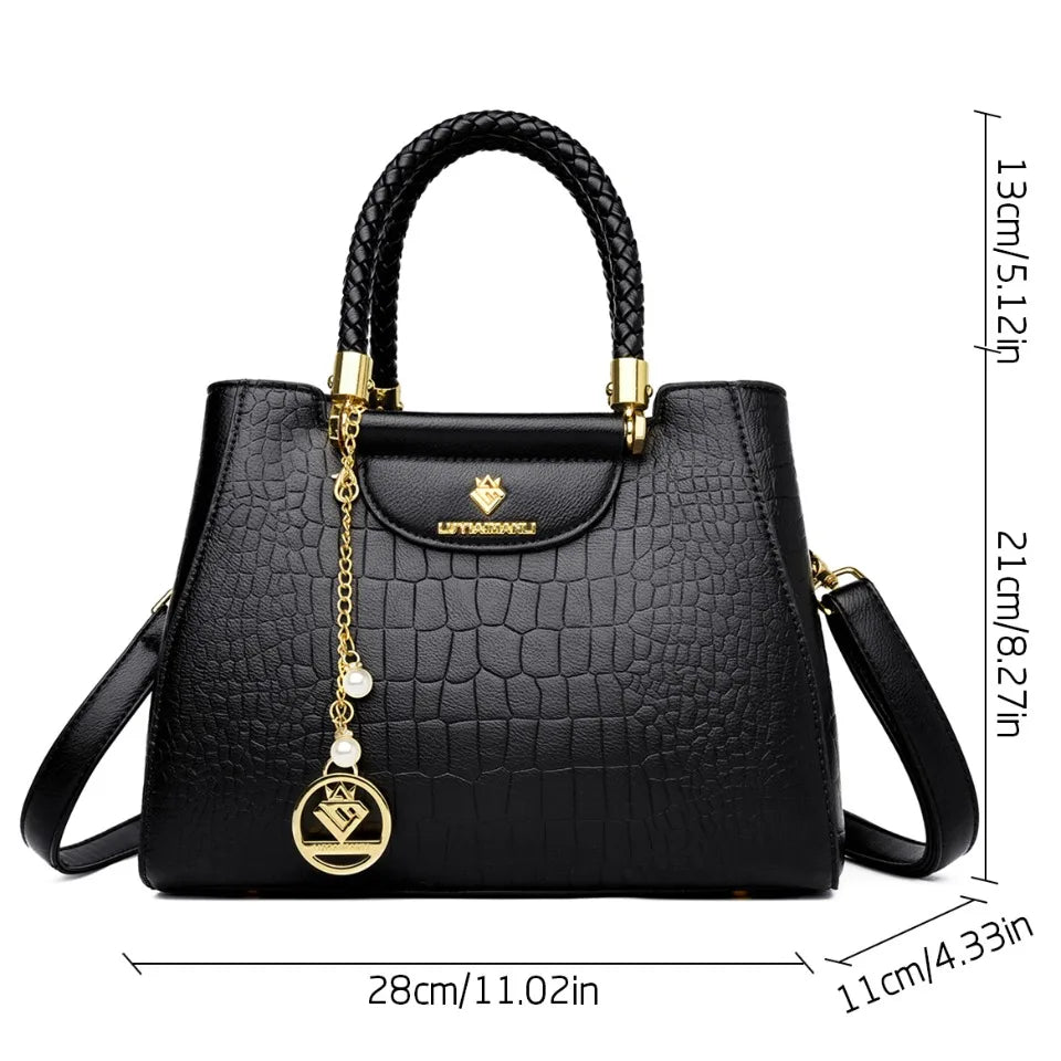 Woven Handle Leather Tote Bag for Women – Elegant Shoulder Crossbody Handbag