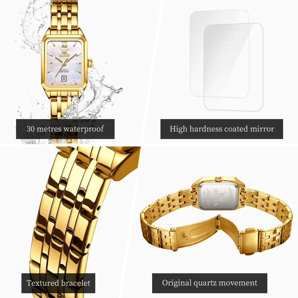 OLEVS Golden Square – Elegant Auto-Date Women’s Watch
