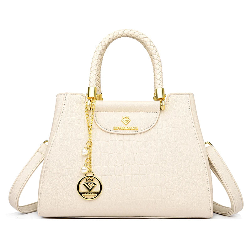 Woven Handle Leather Tote Bag for Women – Elegant Shoulder Crossbody Handbag