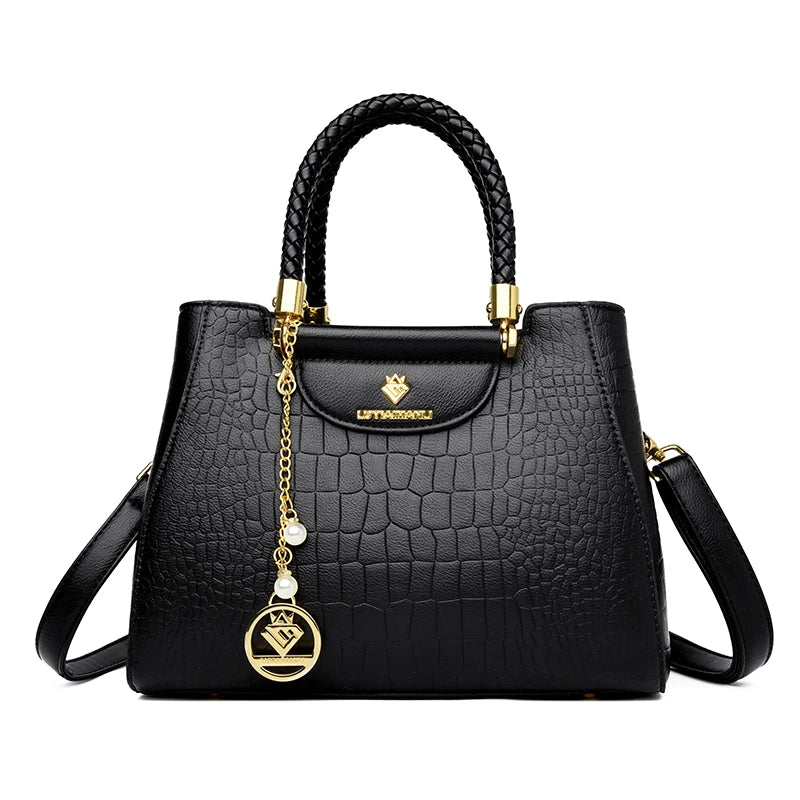 Woven Handle Leather Tote Bag for Women – Elegant Shoulder Crossbody Handbag