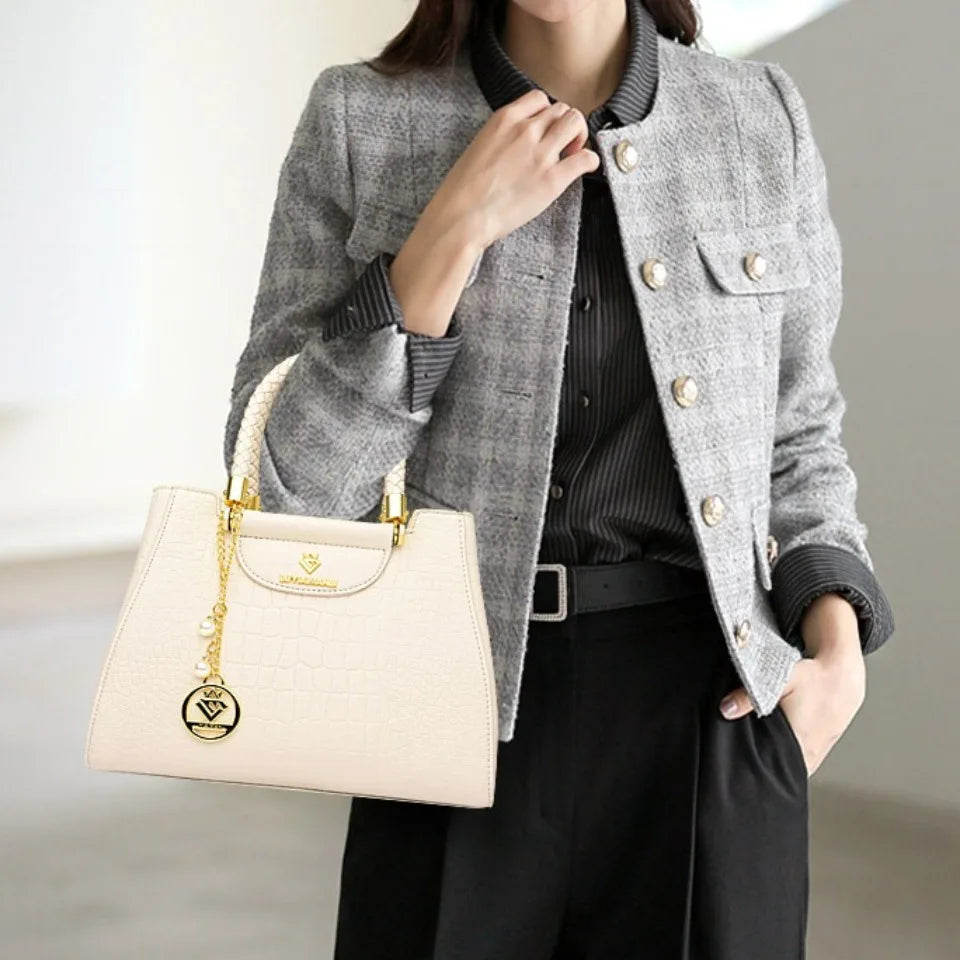 Woven Handle Leather Tote Bag for Women – Elegant Shoulder Crossbody Handbag